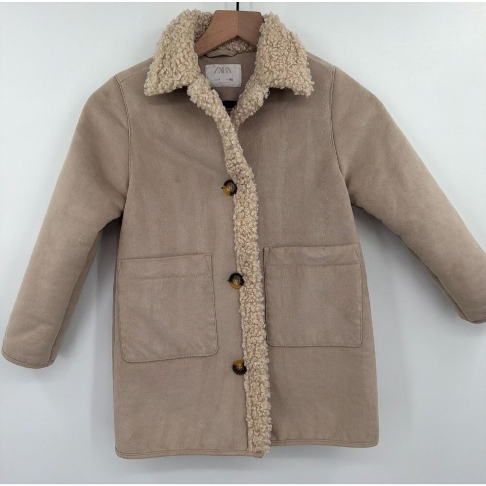 Zara Faux Shearling Coat Girls 7 Sherpa Lined Tan Button Up Pockets